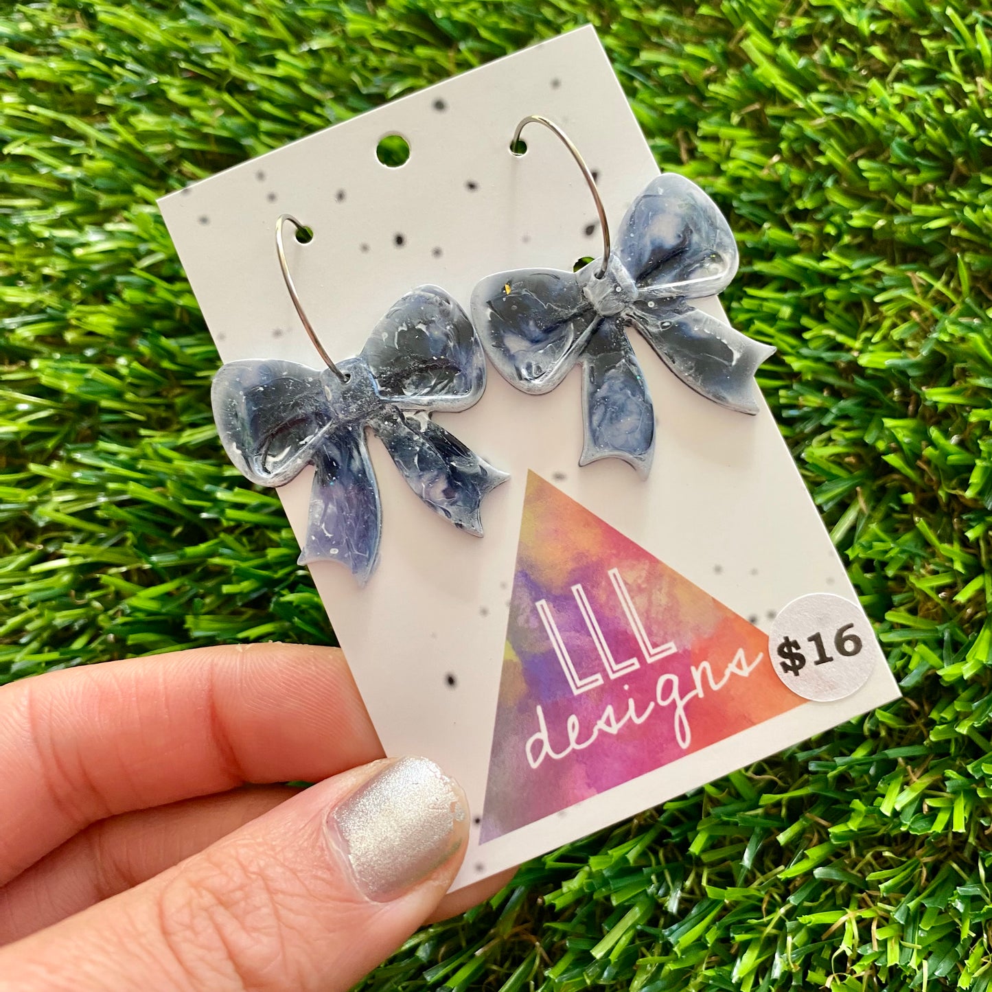 ON SALE!!!!!! Alcohol Ink Resin Earrings - Blue and White Bows Featuring a Silver Hoop!