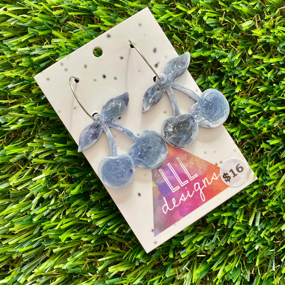 Alcohol Ink Resin Earrings - Blue and White Cherries Featuring a Silver Hoop!
