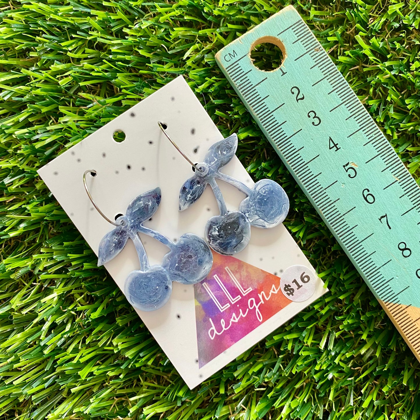 ON SALE!!!!!! Alcohol Ink Resin Earrings - Blue and White Cherries Featuring a Silver Hoop!