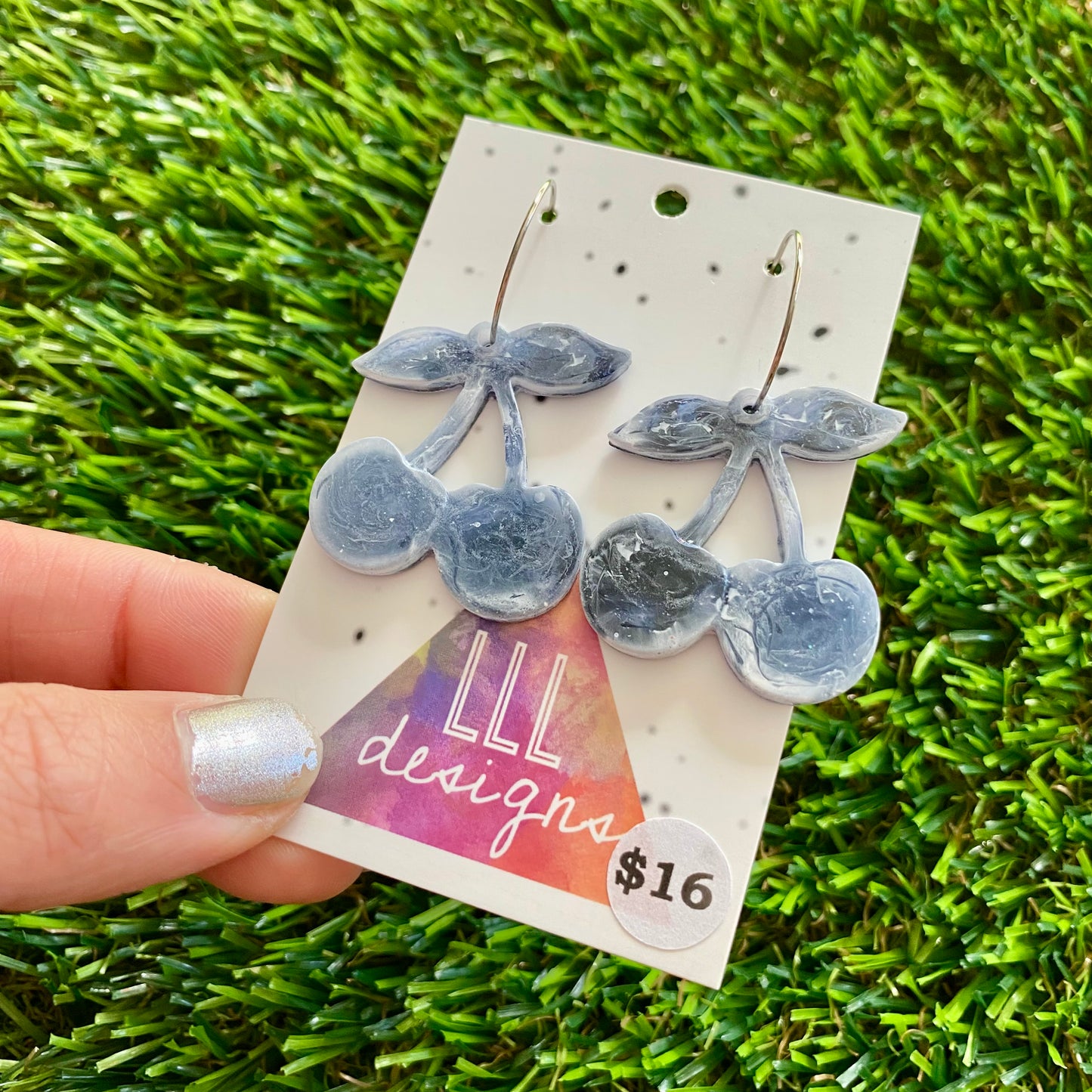 ON SALE!!!!!! Alcohol Ink Resin Earrings - Blue and White Cherries Featuring a Silver Hoop!
