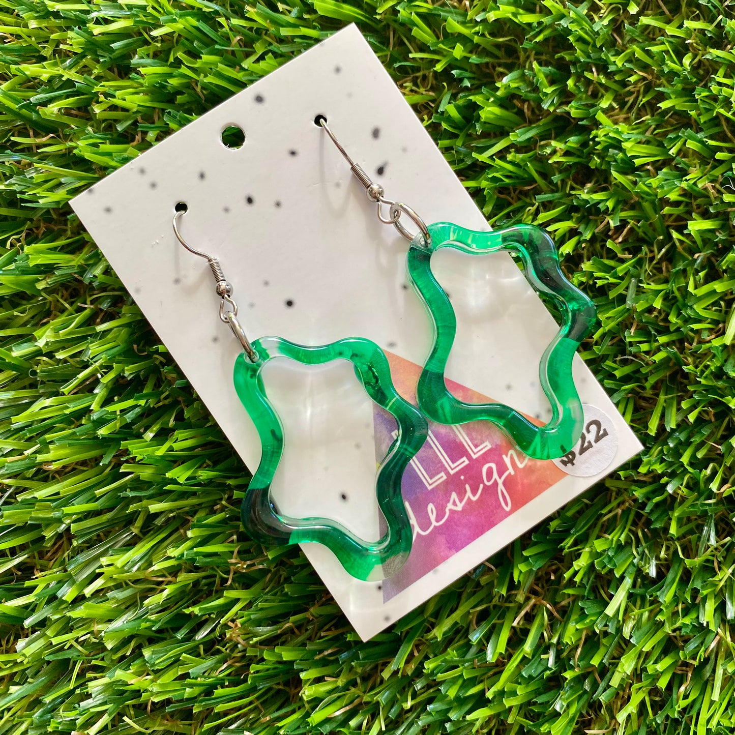 ON SALE!!!!!! Alcohol Ink Resin Earrings - Green Squiggle Wiggles Featuring a Hook Top!