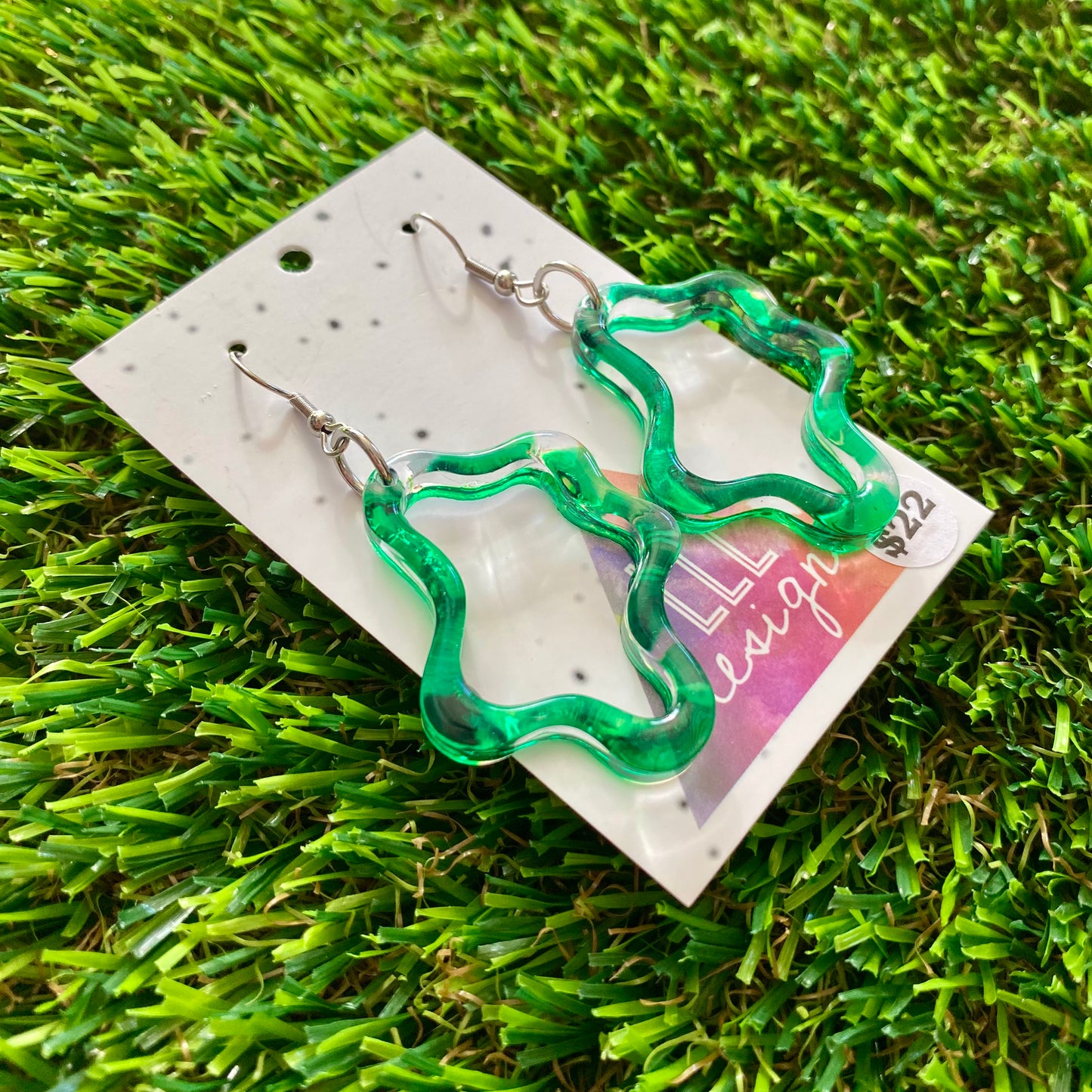ON SALE!!!!!! Alcohol Ink Resin Earrings - Green Squiggle Wiggles Featuring a Hook Top!