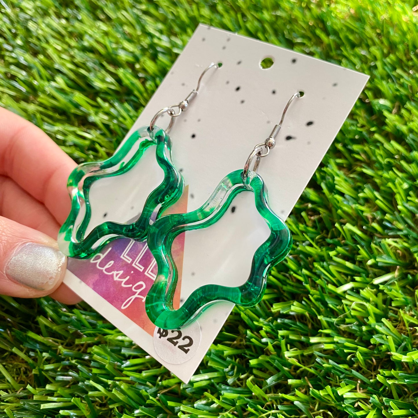 ON SALE!!!!!! Alcohol Ink Resin Earrings - Green Squiggle Wiggles Featuring a Hook Top!