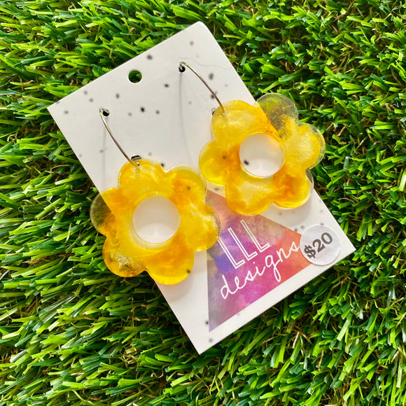 Alcohol Ink Resin Earrings - Yellow Daisies Featuring a Silver Hoop!