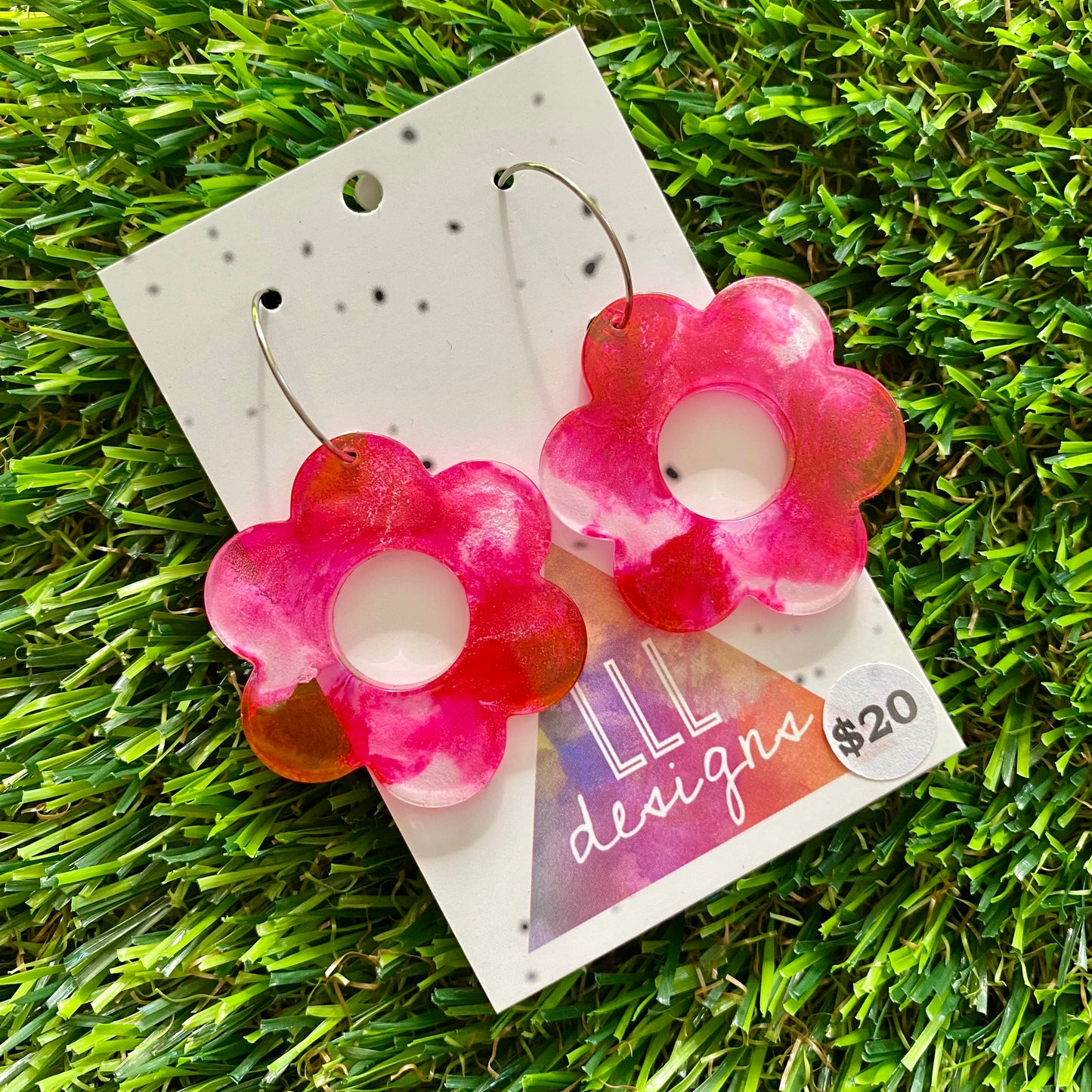 ON SALE!!!!!! Alcohol Ink Resin Earrings - Pink and White Daisies Featuring a Silver Hoop!