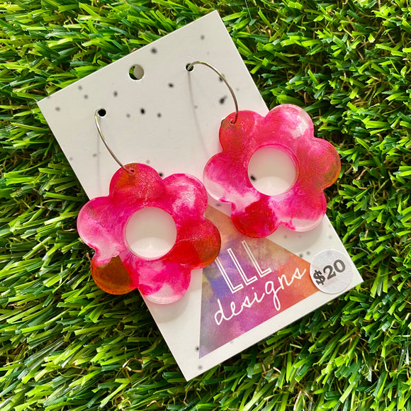 Alcohol Ink Resin Earrings - Pink and White Daisies Featuring a Silver Hoop!