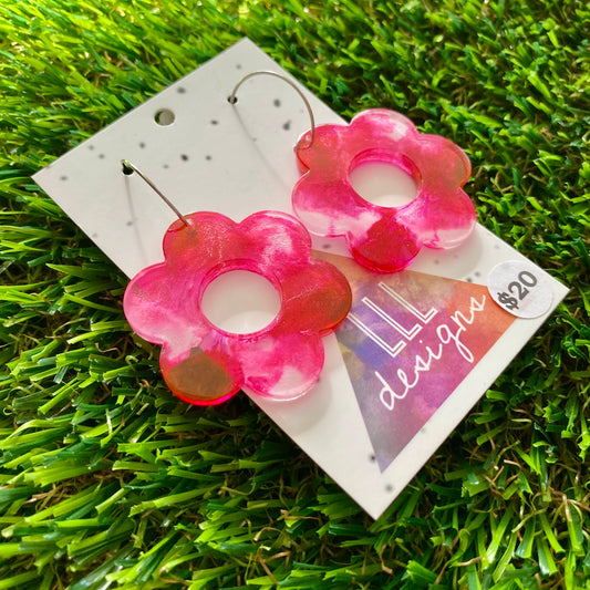 ON SALE!!!!!! Alcohol Ink Resin Earrings - Pink and White Daisies Featuring a Silver Hoop!