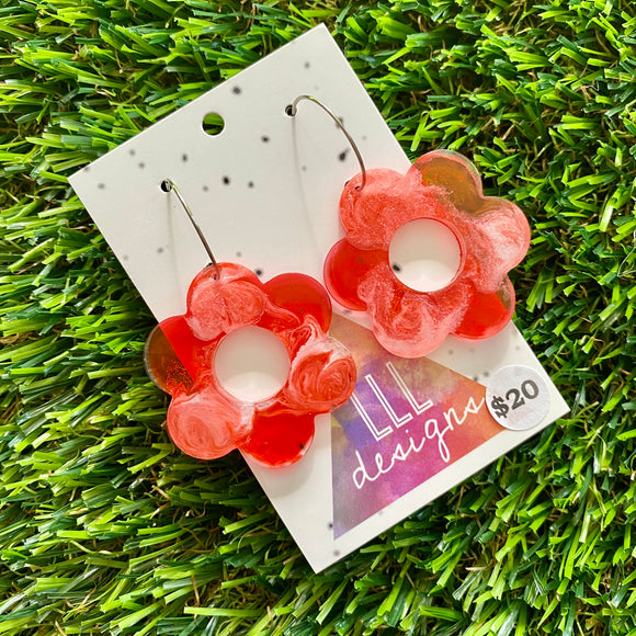 Alcohol Ink Resin Earrings - Red and White Daisies Featuring a Silver Hoop!