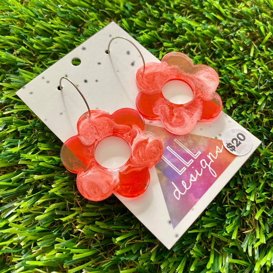 ON SALE!!!!!! Alcohol Ink Resin Earrings - Red and White Daisies Featuring a Silver Hoop!