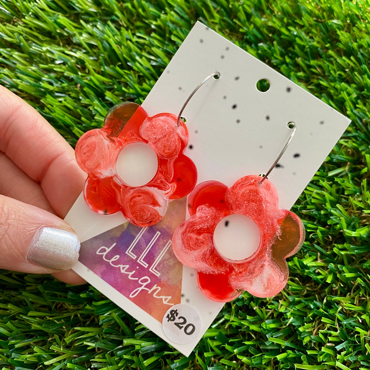 ON SALE!!!!!! Alcohol Ink Resin Earrings - Red and White Daisies Featuring a Silver Hoop!