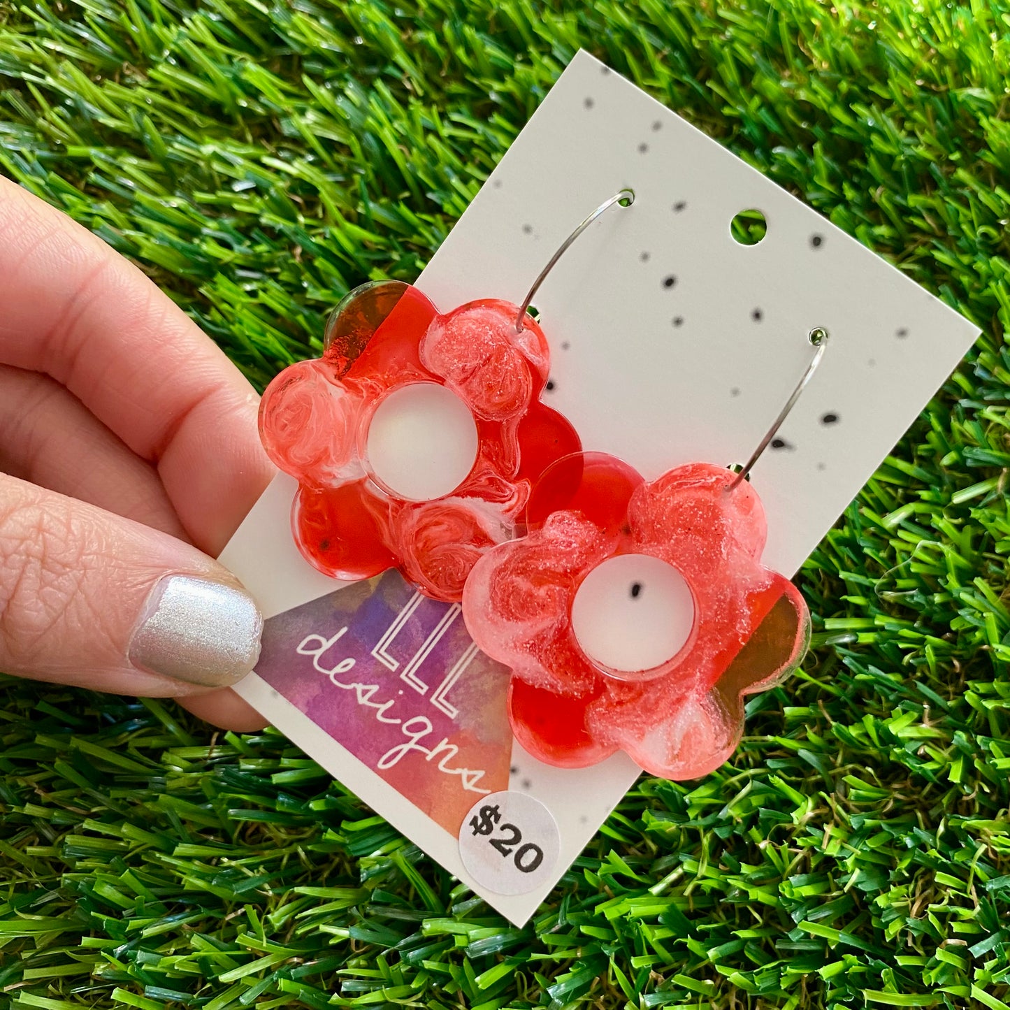 ON SALE!!!!!! Alcohol Ink Resin Earrings - Red and White Daisies Featuring a Silver Hoop!