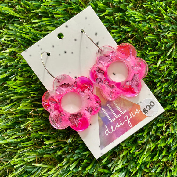 Alcohol Ink Resin Earrings - Pink and White Daisies with Pink Foil Featuring a Silver Hoop!