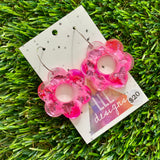 Alcohol Ink Resin Earrings - Pink and White Daisies with Pink Foil Featuring a Silver Hoop!