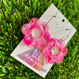 Alcohol Ink Resin Earrings - Pink and White Daisies with Pink Foil Featuring a Silver Hoop!