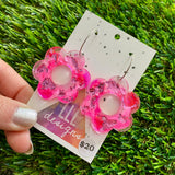 Alcohol Ink Resin Earrings - Pink and White Daisies with Pink Foil Featuring a Silver Hoop!