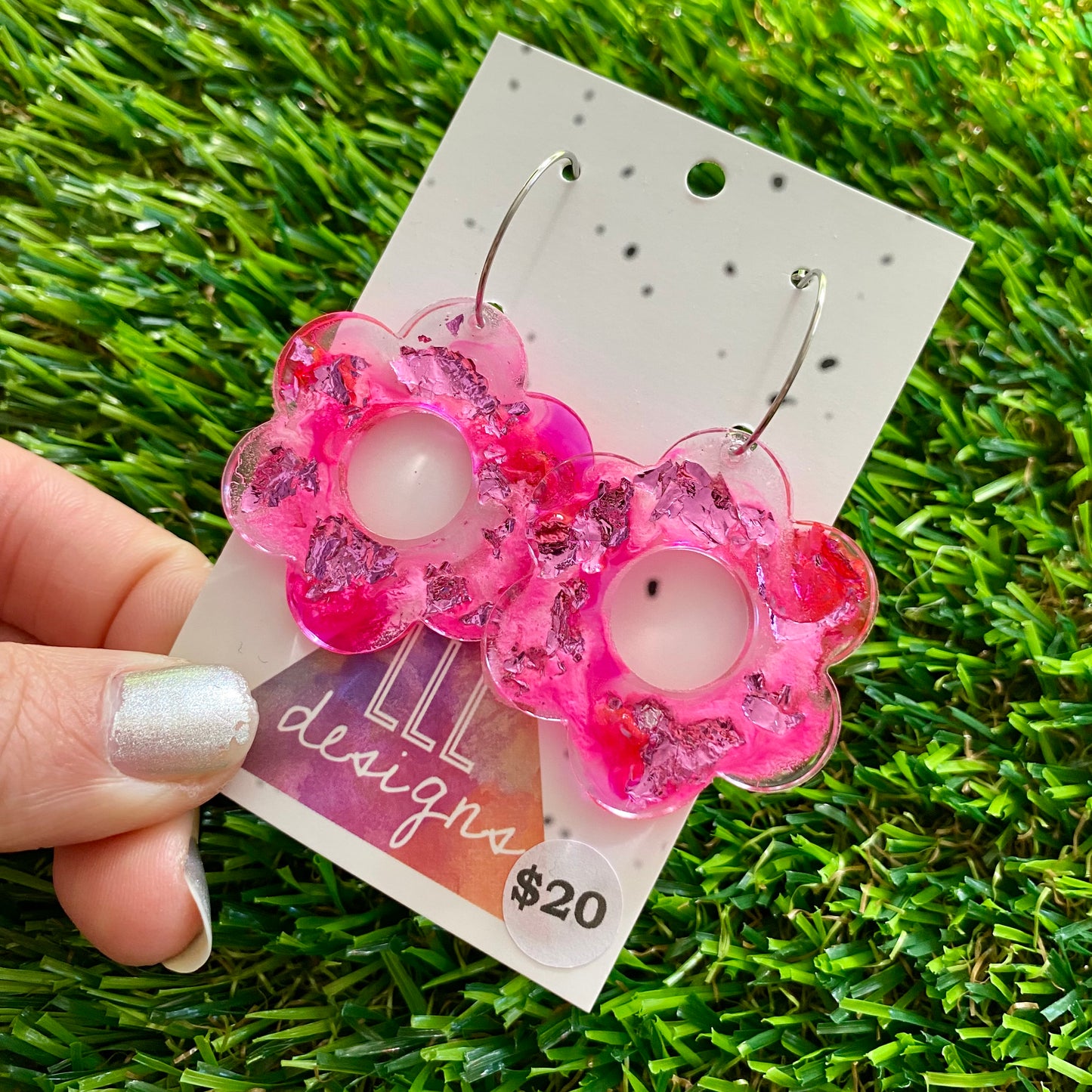 ON SALE!!!!!! Alcohol Ink Resin Earrings - Pink and White Daisies with Pink Foil Featuring a Silver Hoop!