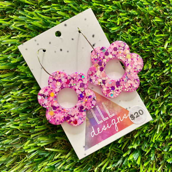 Resin Earrings - Pink Multi Glitter Daisies Featuring a Silver Hoop!