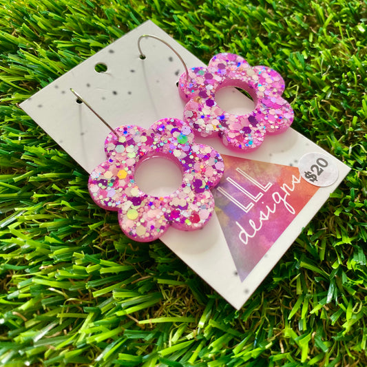 ON SALE!!!!!! Resin Earrings - Pink Multi Glitter Daisies Featuring a Silver Hoop!