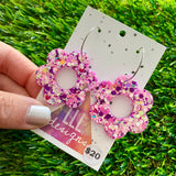 Resin Earrings - Pink Multi Glitter Daisies Featuring a Silver Hoop!