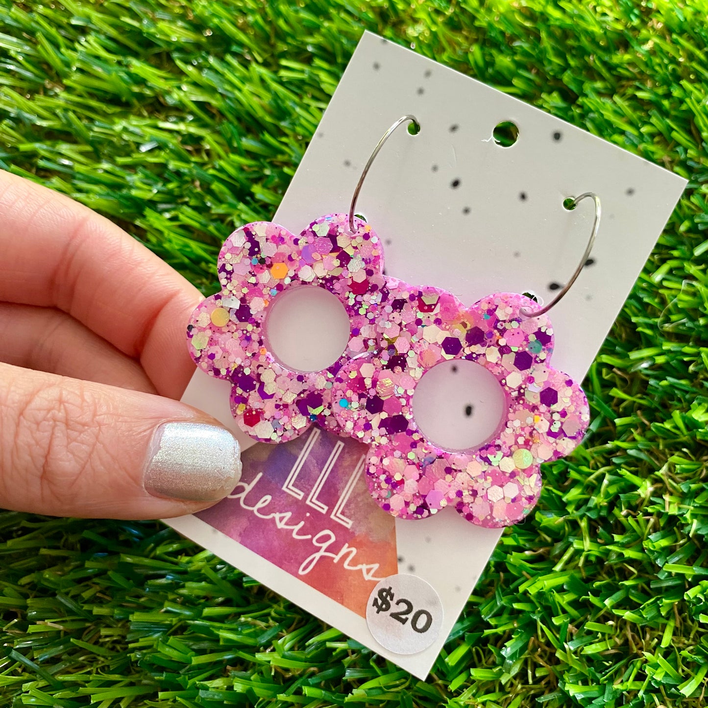 ON SALE!!!!!! Resin Earrings - Pink Multi Glitter Daisies Featuring a Silver Hoop!