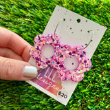Resin Earrings - Pink Multi Glitter Daisies Featuring a Silver Hoop!