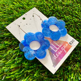Alcohol Ink Resin Earrings - Dark Blue and White Daisies Featuring a Silver Hoop!