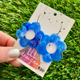 Alcohol Ink Resin Earrings - Dark Blue and White Daisies Featuring a Silver Hoop!