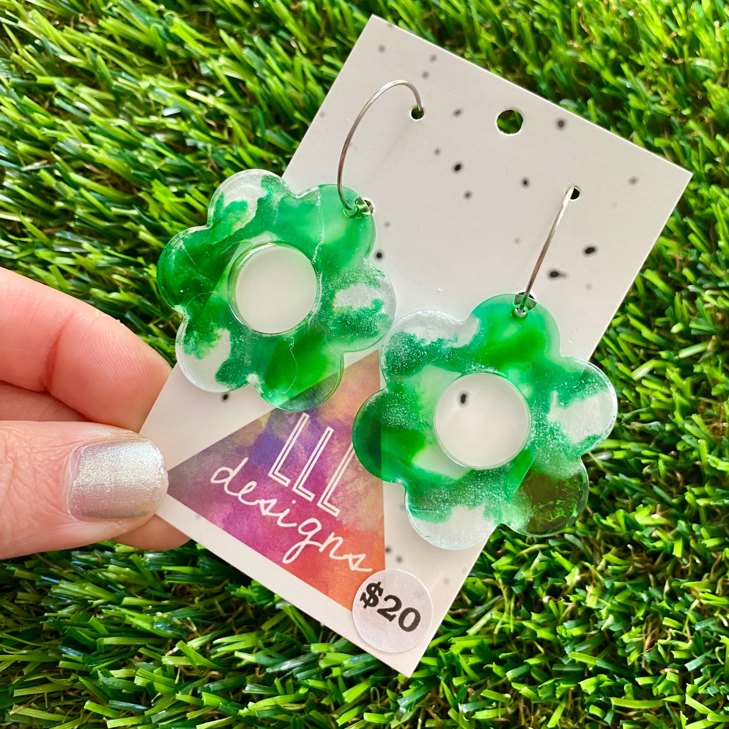 ON SALE!!!!!! Alcohol Ink Resin Earrings - Green and White Daisies Featuring a Silver Hoop!
