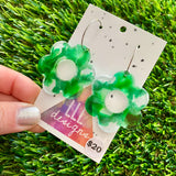 Alcohol Ink Resin Earrings - Green and White Daisies Featuring a Silver Hoop!