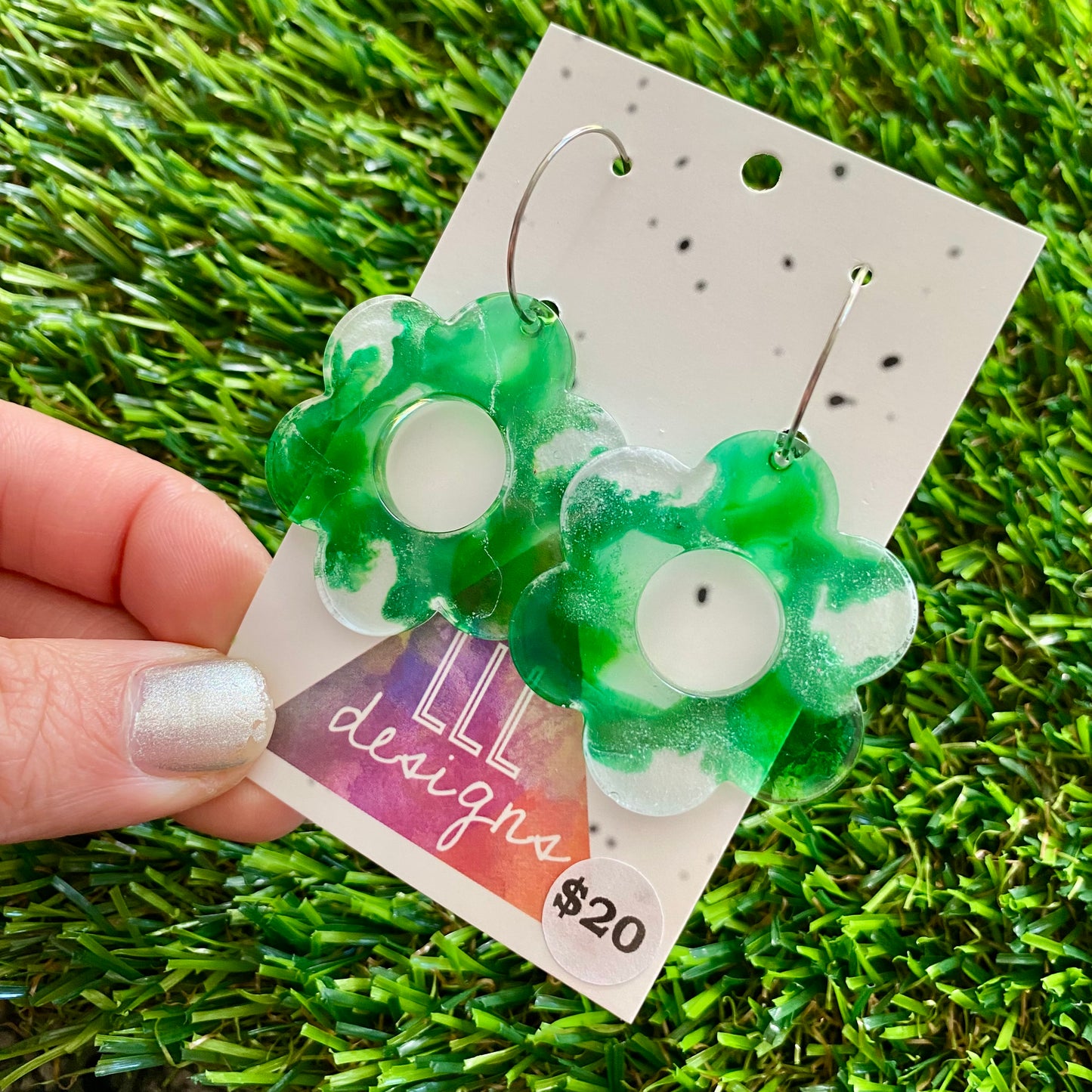 ON SALE!!!!!! Alcohol Ink Resin Earrings - Green and White Daisies Featuring a Silver Hoop!