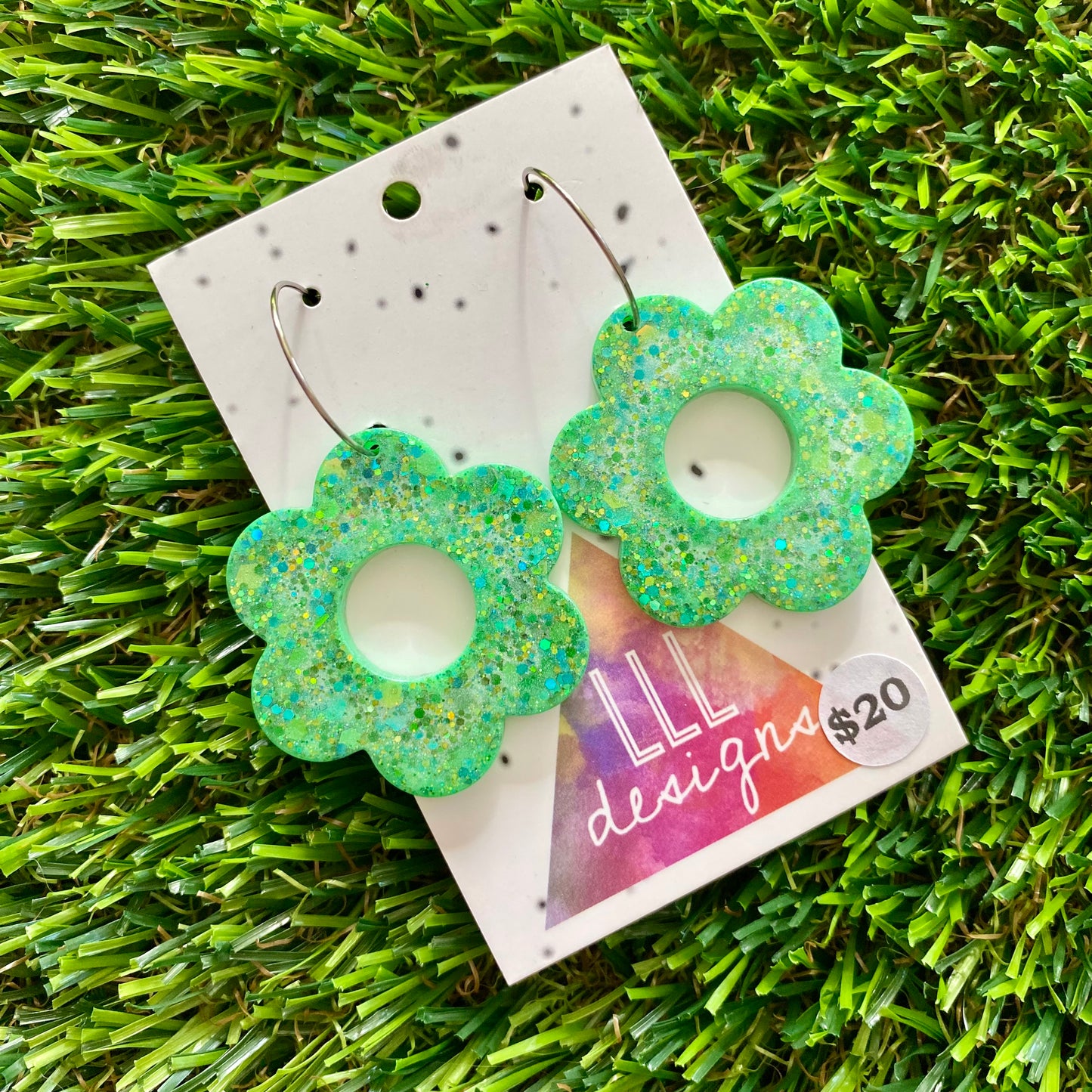 ON SALE!!!!!! Resin Earrings - Green Multi Glitter Daisies Featuring a Silver Hoop!