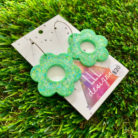 ON SALE!!!!!! Resin Earrings - Green Multi Glitter Daisies Featuring a Silver Hoop!
