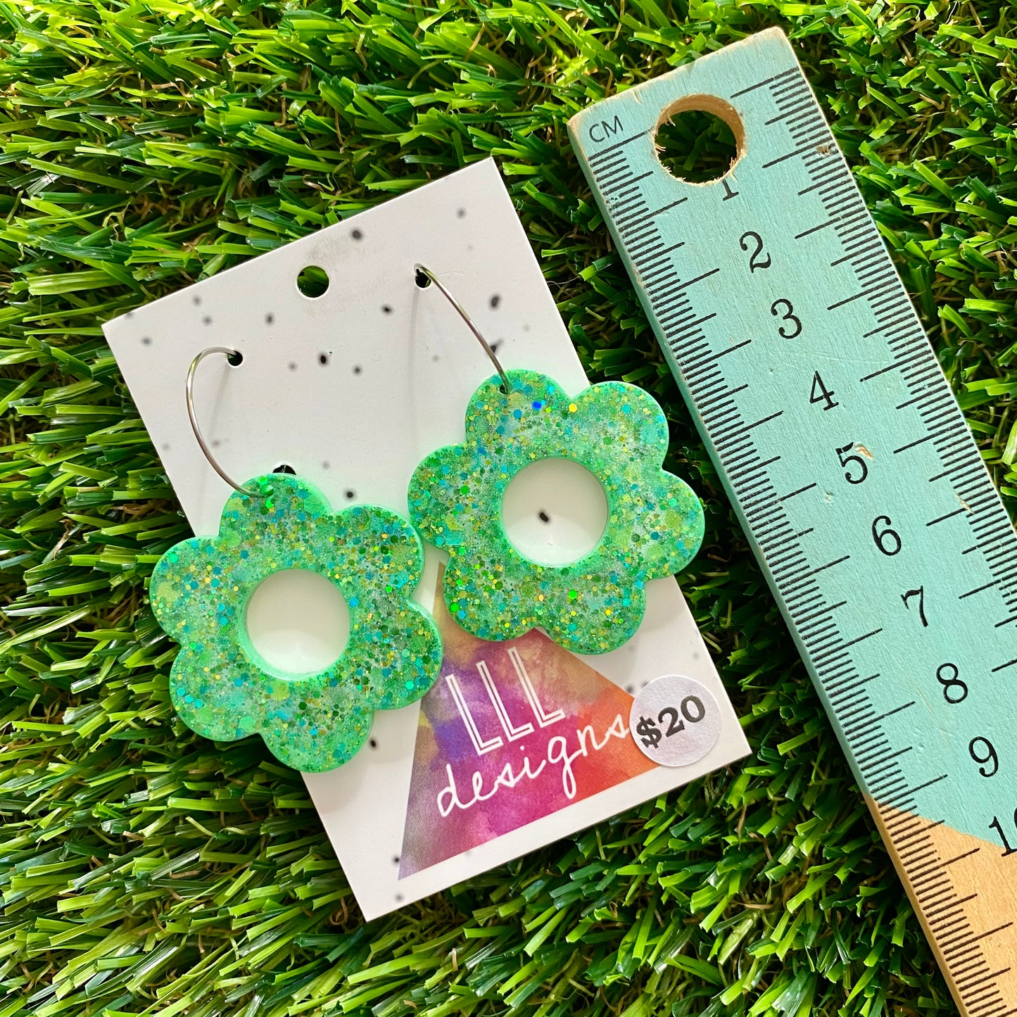 ON SALE!!!!!! Resin Earrings - Green Multi Glitter Daisies Featuring a Silver Hoop!