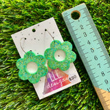 Resin Earrings - Green Multi Glitter Daisies Featuring a Silver Hoop!