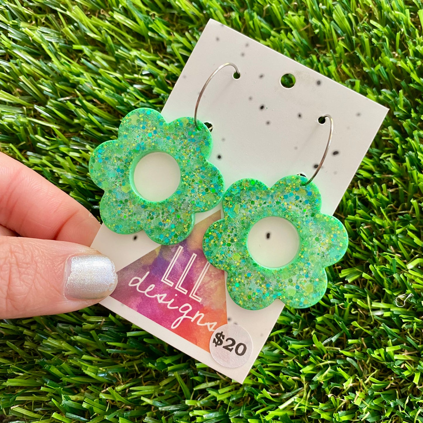 ON SALE!!!!!! Resin Earrings - Green Multi Glitter Daisies Featuring a Silver Hoop!