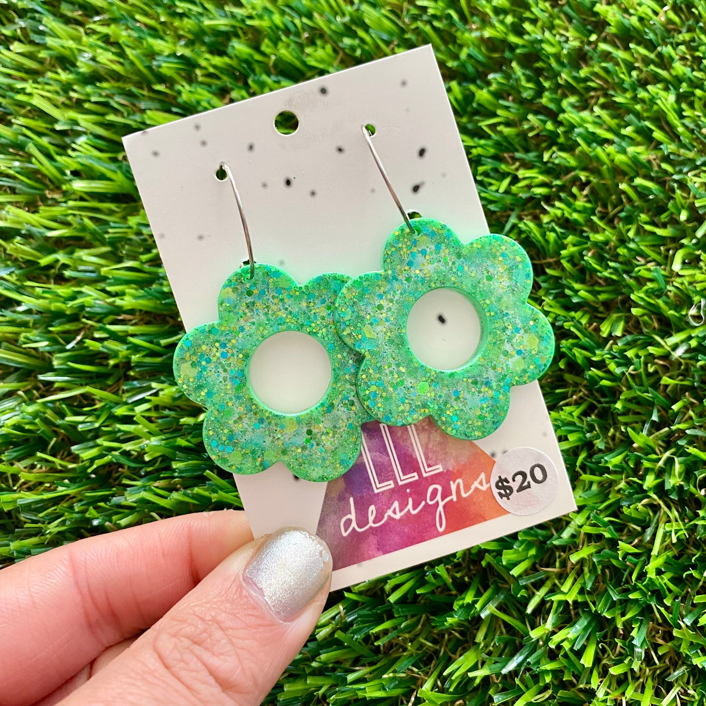 ON SALE!!!!!! Resin Earrings - Green Multi Glitter Daisies Featuring a Silver Hoop!