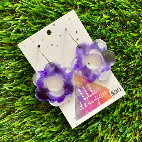 Alcohol Ink Resin Earrings - Purple and White Daisies Featuring a Silver Hoop!