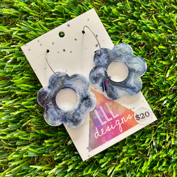 Alcohol Ink Resin Earrings - Grey and White Daisies Featuring a Silver Hoop!