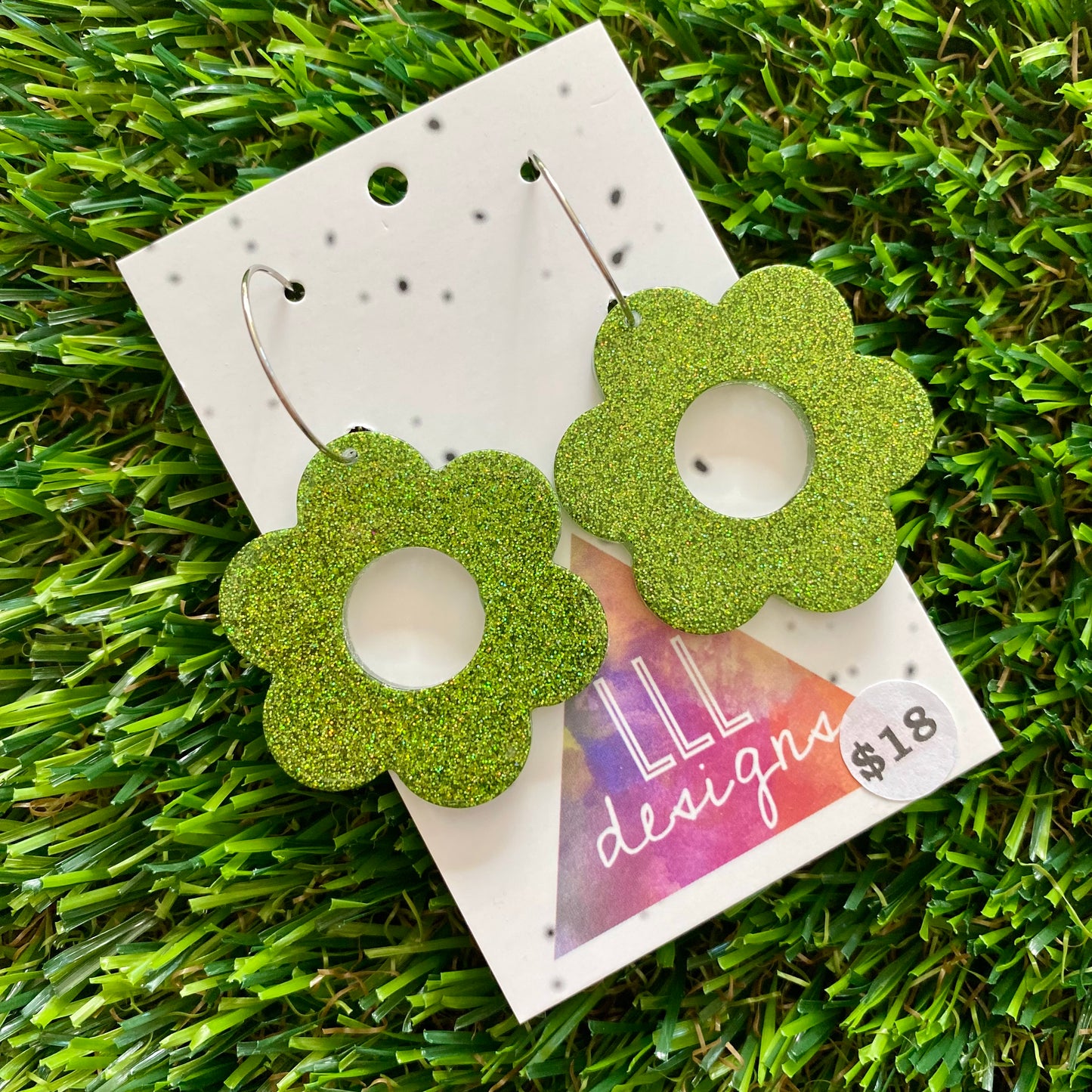 ON SALE!!!!!! Resin Earrings - Olive Glitter Daisies Featuring a Silver Hoop!