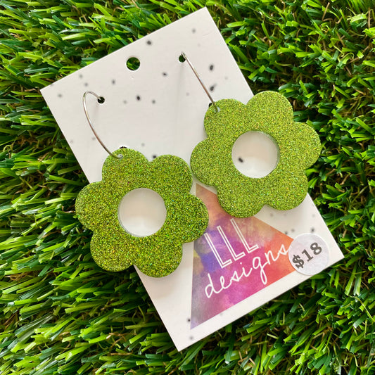 ON SALE!!!!!! Resin Earrings - Olive Glitter Daisies Featuring a Silver Hoop!