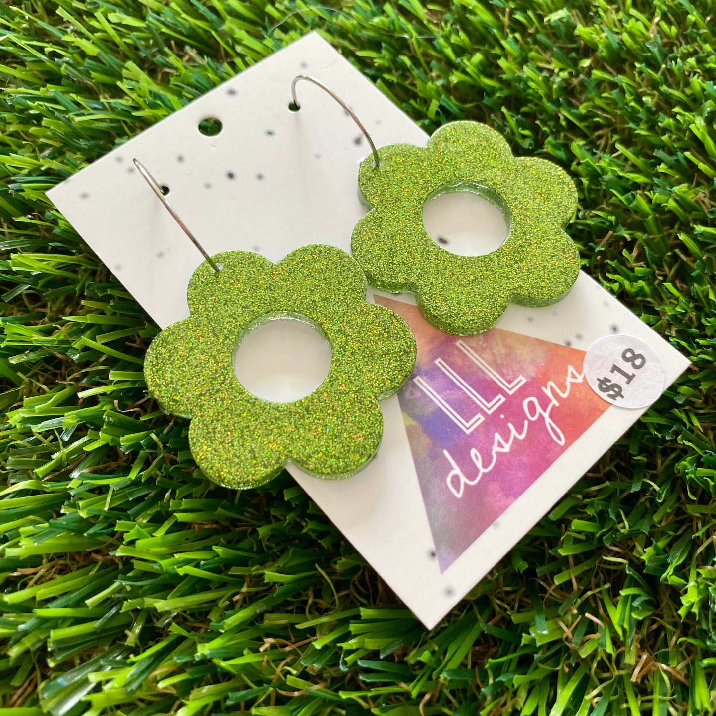 ON SALE!!!!!! Resin Earrings - Olive Glitter Daisies Featuring a Silver Hoop!