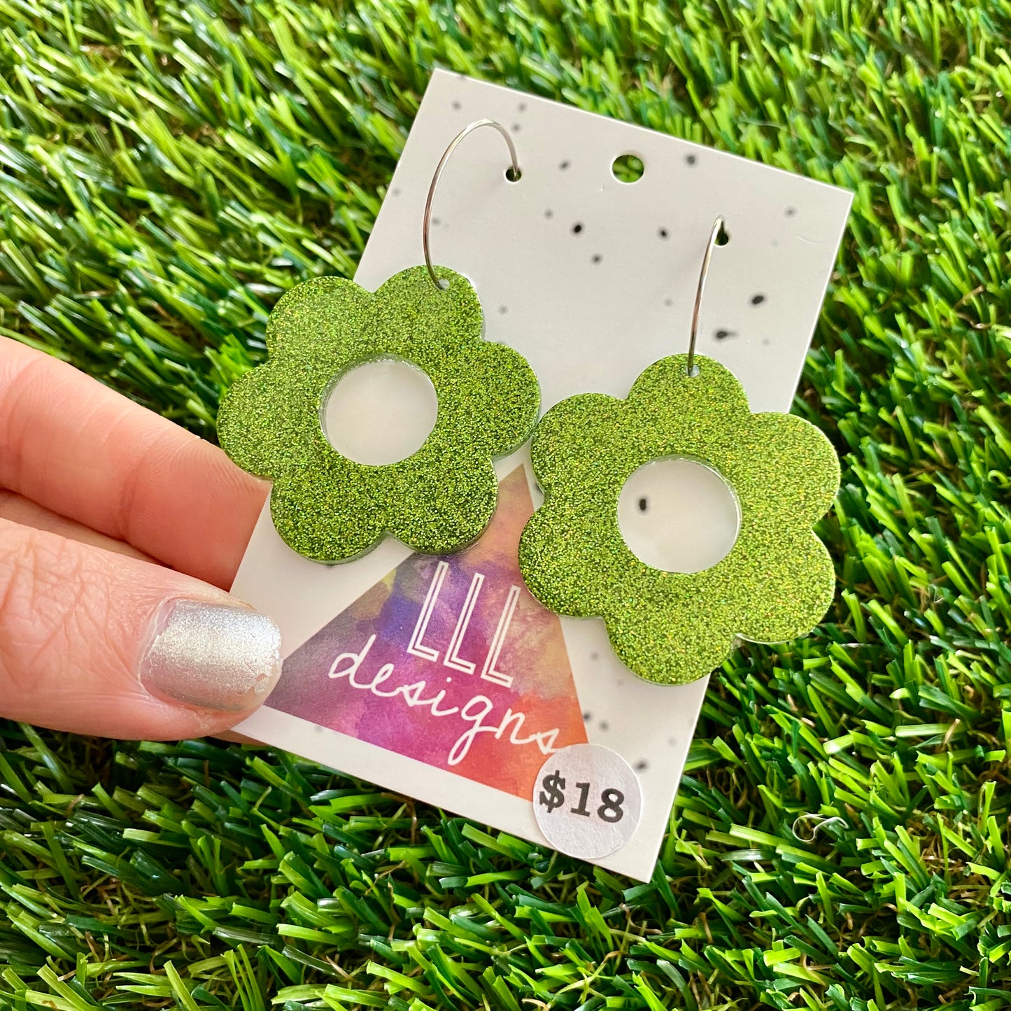 ON SALE!!!!!! Resin Earrings - Olive Glitter Daisies Featuring a Silver Hoop!