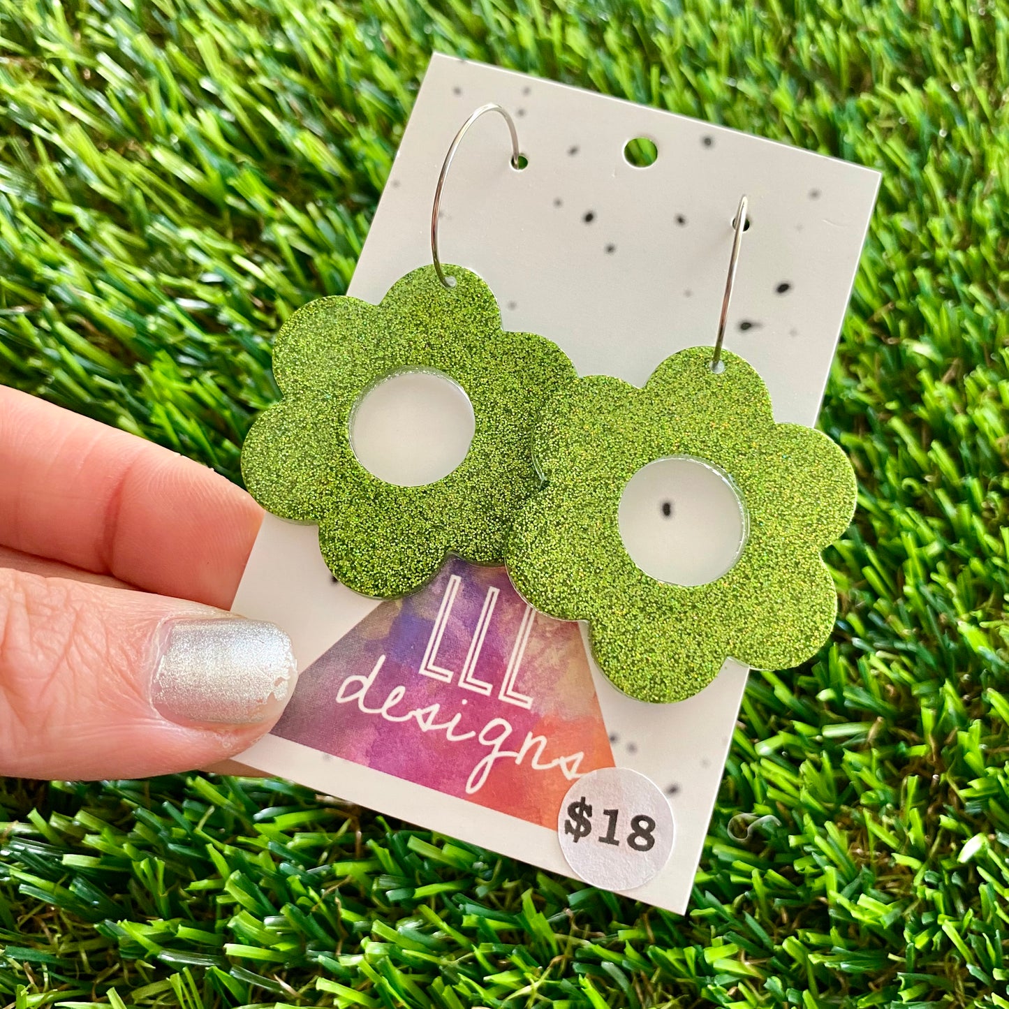 ON SALE!!!!!! Resin Earrings - Olive Glitter Daisies Featuring a Silver Hoop!