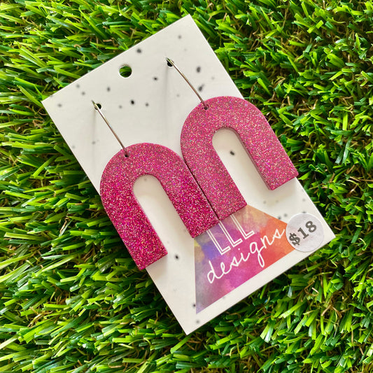 ON SALE!!!!!! Resin Earrings - Pink Glitter Arched Dangles Featuring a Silver Hoop!