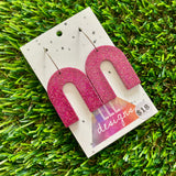 Resin Earrings - Pink Glitter Arched Dangles Featuring a Silver Hoop!