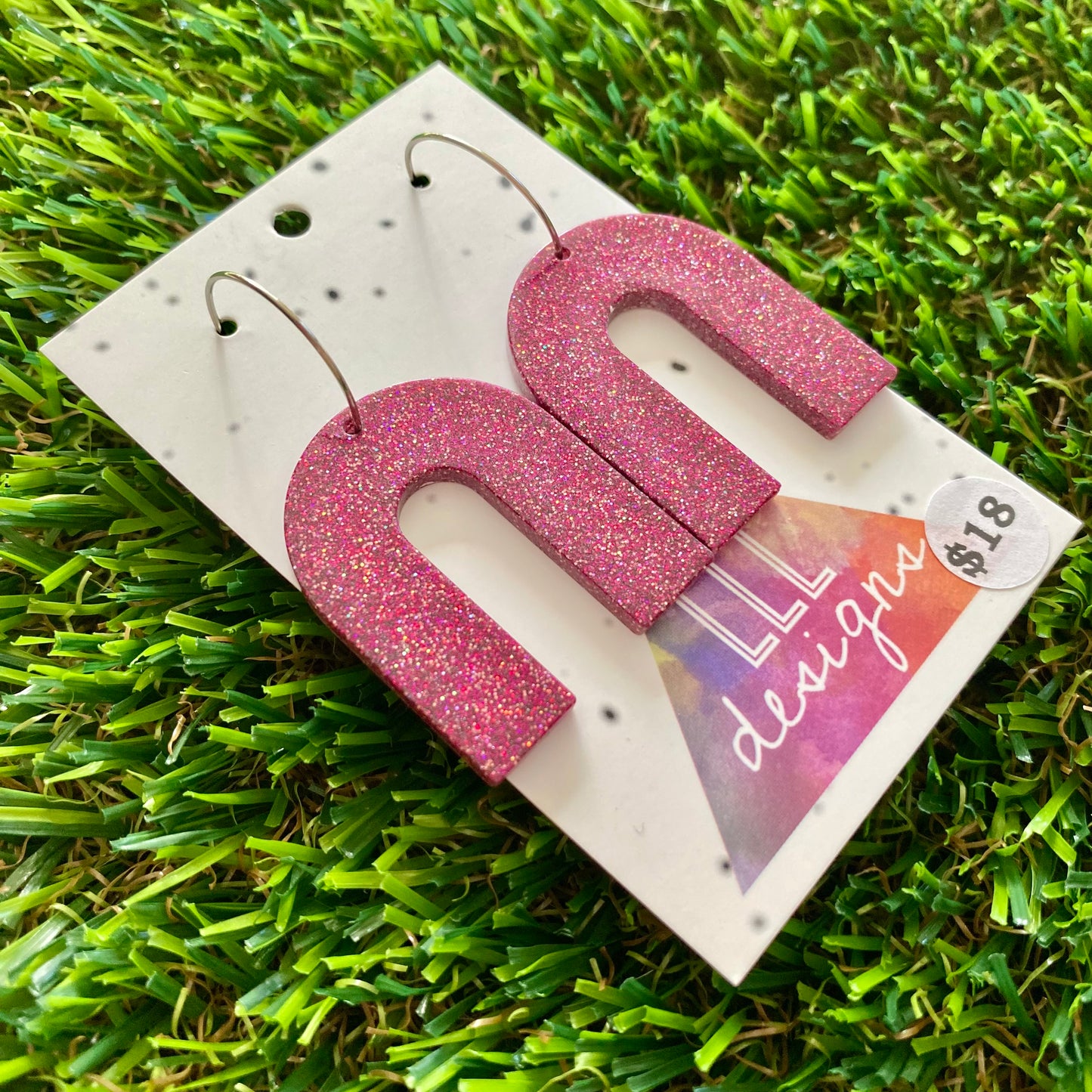ON SALE!!!!!! Resin Earrings - Pink Glitter Arched Dangles Featuring a Silver Hoop!