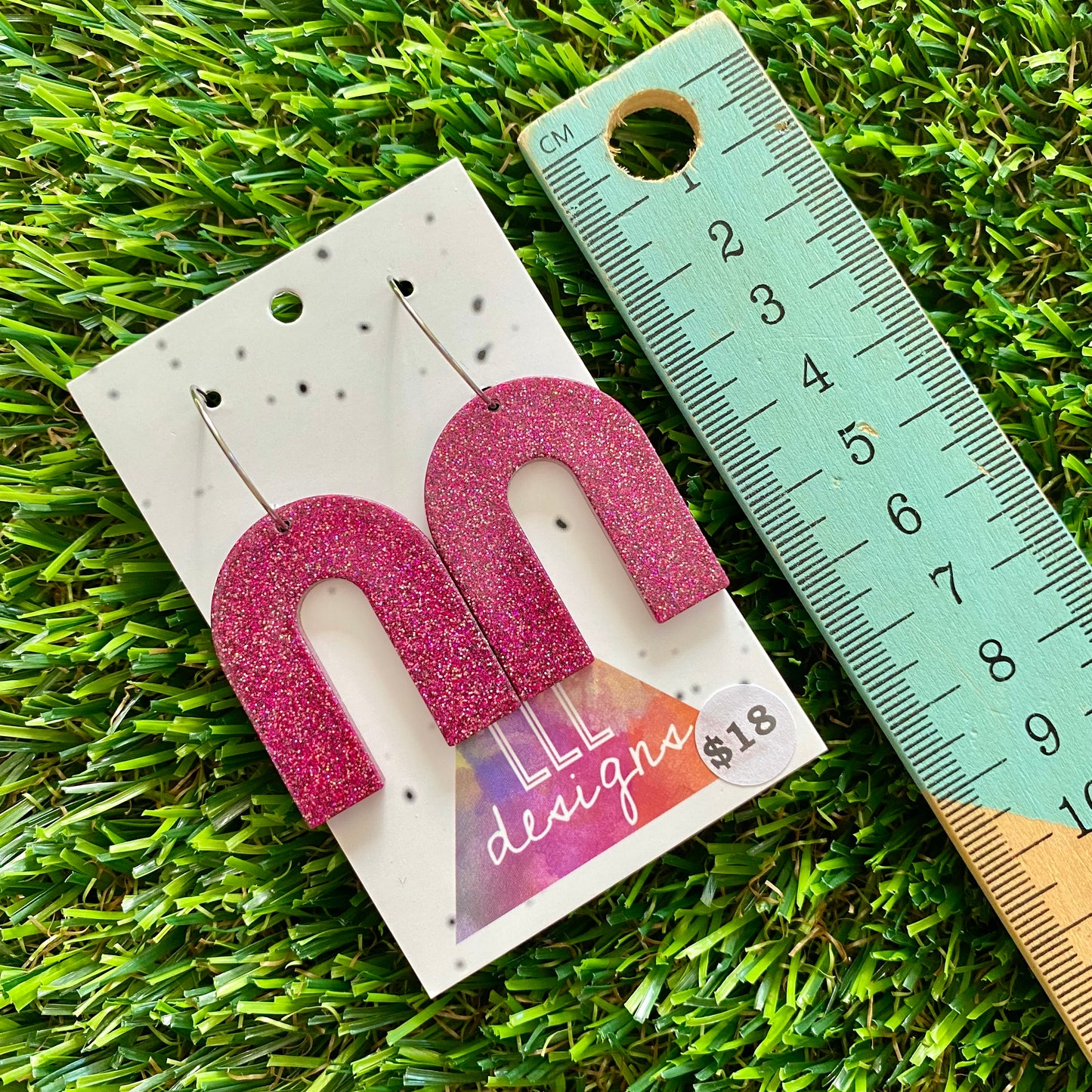 ON SALE!!!!!! Resin Earrings - Pink Glitter Arched Dangles Featuring a Silver Hoop!