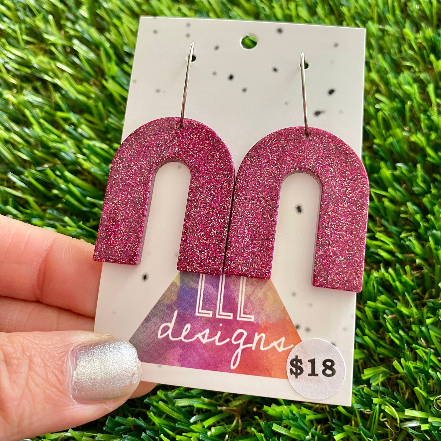 ON SALE!!!!!! Resin Earrings - Pink Glitter Arched Dangles Featuring a Silver Hoop!