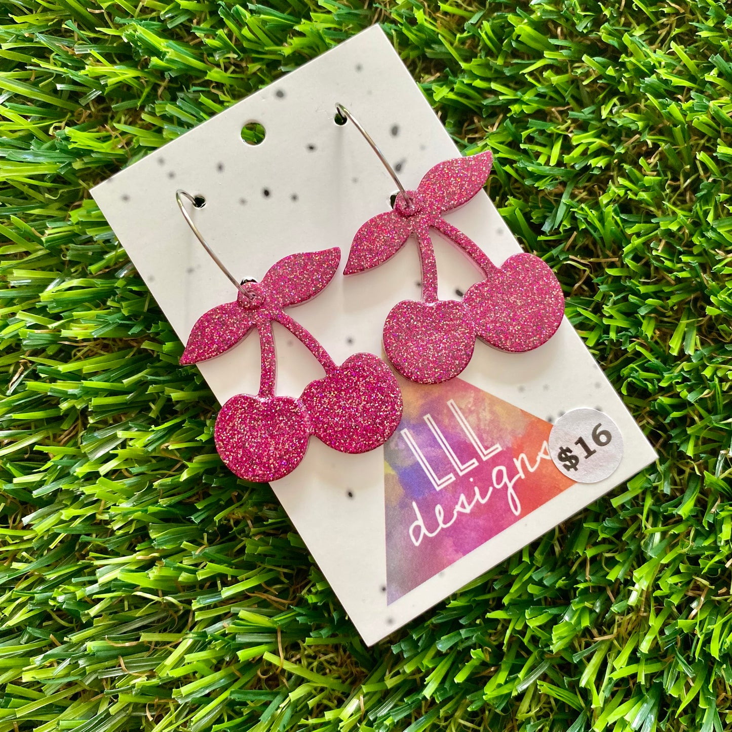 ON SALE!!!!!! Resin Earrings - Pink Glitter Cherries Featuring a Silver Hoop!