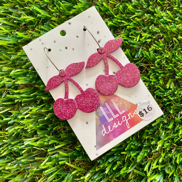 Resin Earrings - Pink Glitter Cherries Featuring a Silver Hoop!
